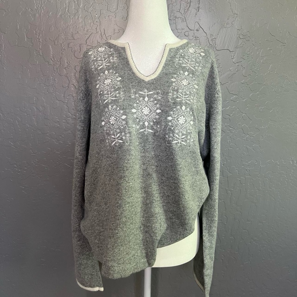 Embroidered Grey Women's Sweater with White Trim